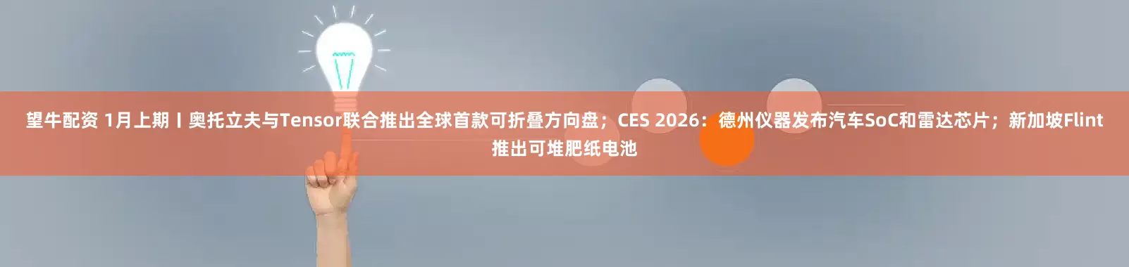 望牛配资 1月上期〡奥托立夫与Tensor联合推出全球首款可折叠方向盘；CES 2026：德州仪器发布汽车SoC和雷达芯片；新加坡Flint推出可堆肥纸电池